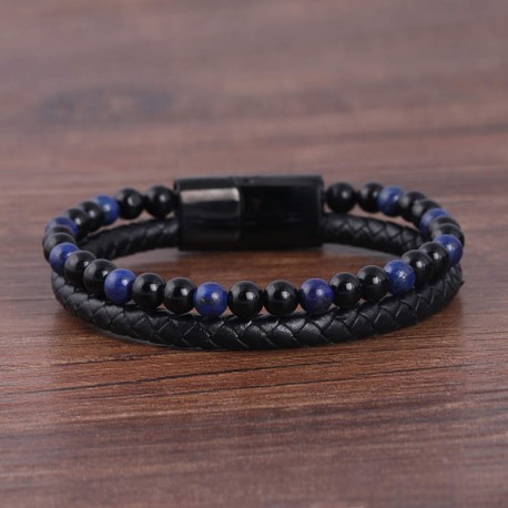 bracelet perles bleu nuit et noires ,et cuir