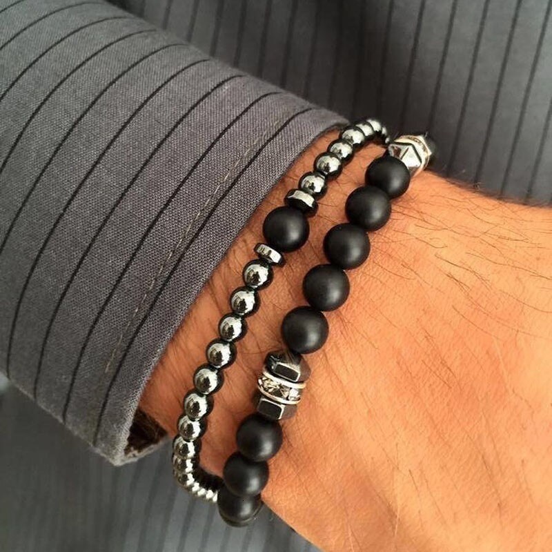 Bracelets duo homme tissu noir gris motifs