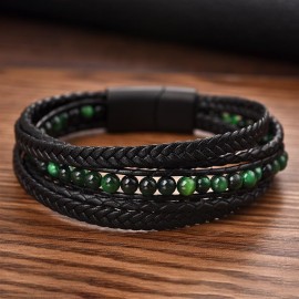 bracelet homme en cuir tressé et perles vertes