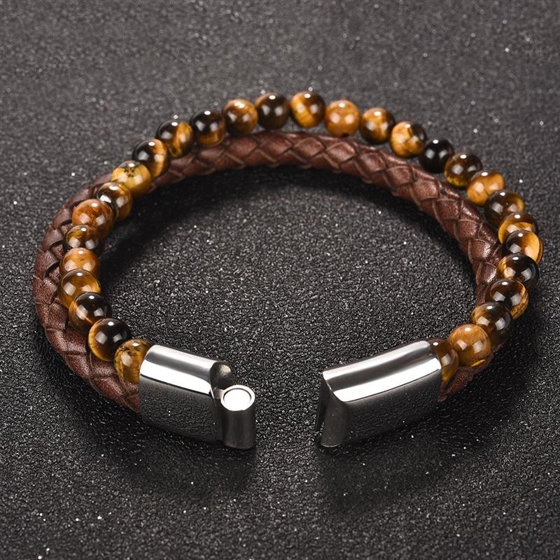 bracelet cuir marron et perles oeil du tigre - Bracelets- homme.com