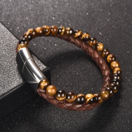 bracelet cuir marron et perles "oeil du tigre"