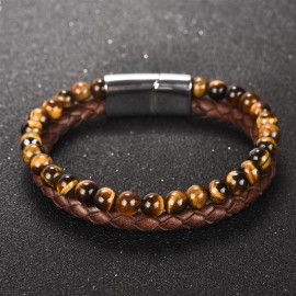 bracelet cuir marron et perles "oeil du tigre"