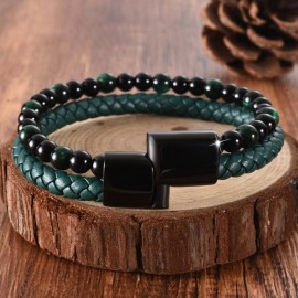 bracelet homme cuir vert et perles vertes