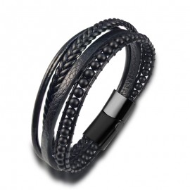 bracelet homme cuir et perles noires