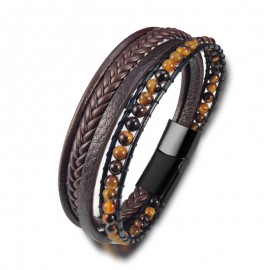 bracelet homme cuir brun et perles oeil du tigre