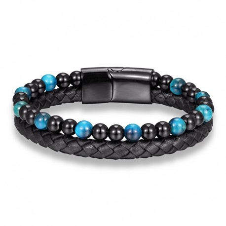 bracelet cuir noir et perles bleues ciel