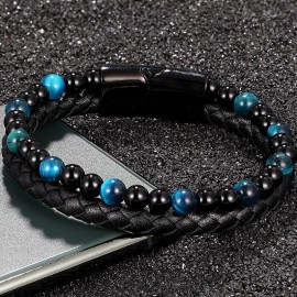 bracelet cuir noir et perles bleues ciel