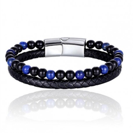 bracelet double cuir /perles noires et bleues