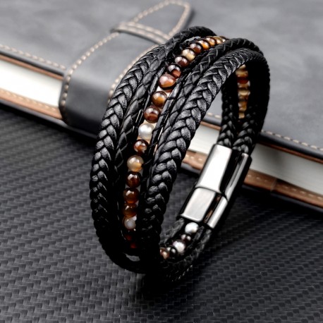 bracelet homme cuir noir et perles marron