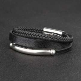 bracelet homme cuir noir et acier titane