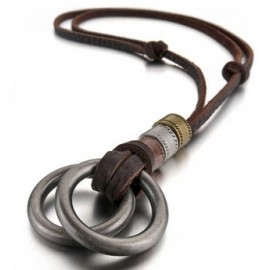 Collier homme anneaux en acier et cuir 