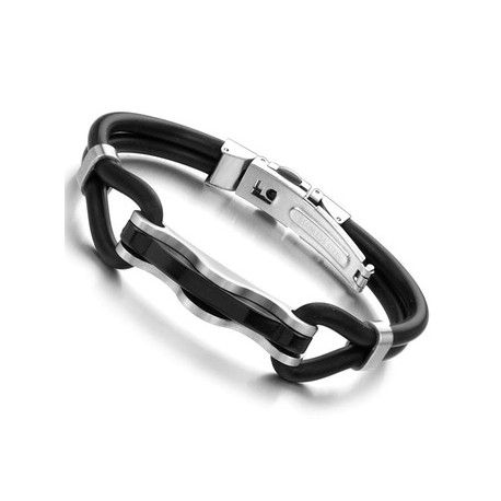 Bracelet homme noir en simili cuir  et acier