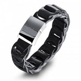 Bracelet homme en cuir noir et fermoir acier