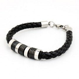 Bracelet homme cuir tressé noir et  breloques acier