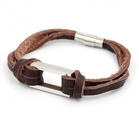 Bracelet homme cuir marron et anneau rectangle