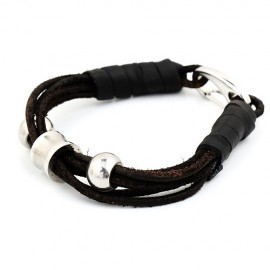 bracelet homme lanières cuir et perles en acier