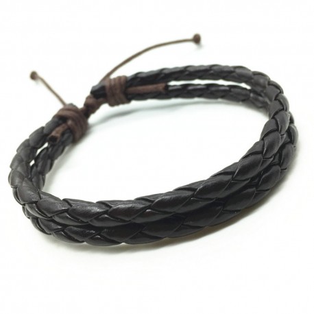 bracelet cuir noir tressé 2 liens