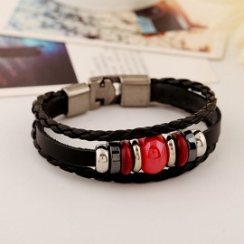 bracelet cuir noir et perles rouges
