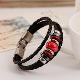 bracelet cuir noir et perles rouges