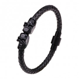 bracelet cuir noir double crâne