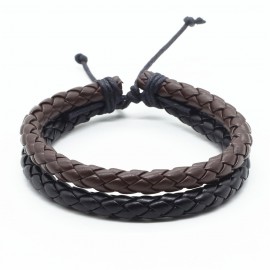 bracelet double en cuir tressé noir et marron